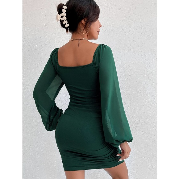 Lantern Sleeve long sleeve Cut Out Bodycon Dress boho dark green - Picture 2 of 8